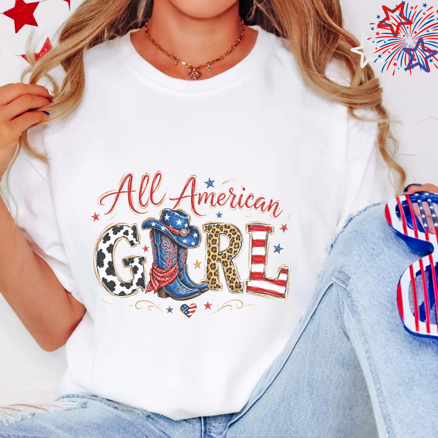 All American Girl T-Shirt, Patriotic Cowboy Boots Tee, USA Themed Gift, Cowgirl Western Style, Women's Graphic Shirt, American Flag Art