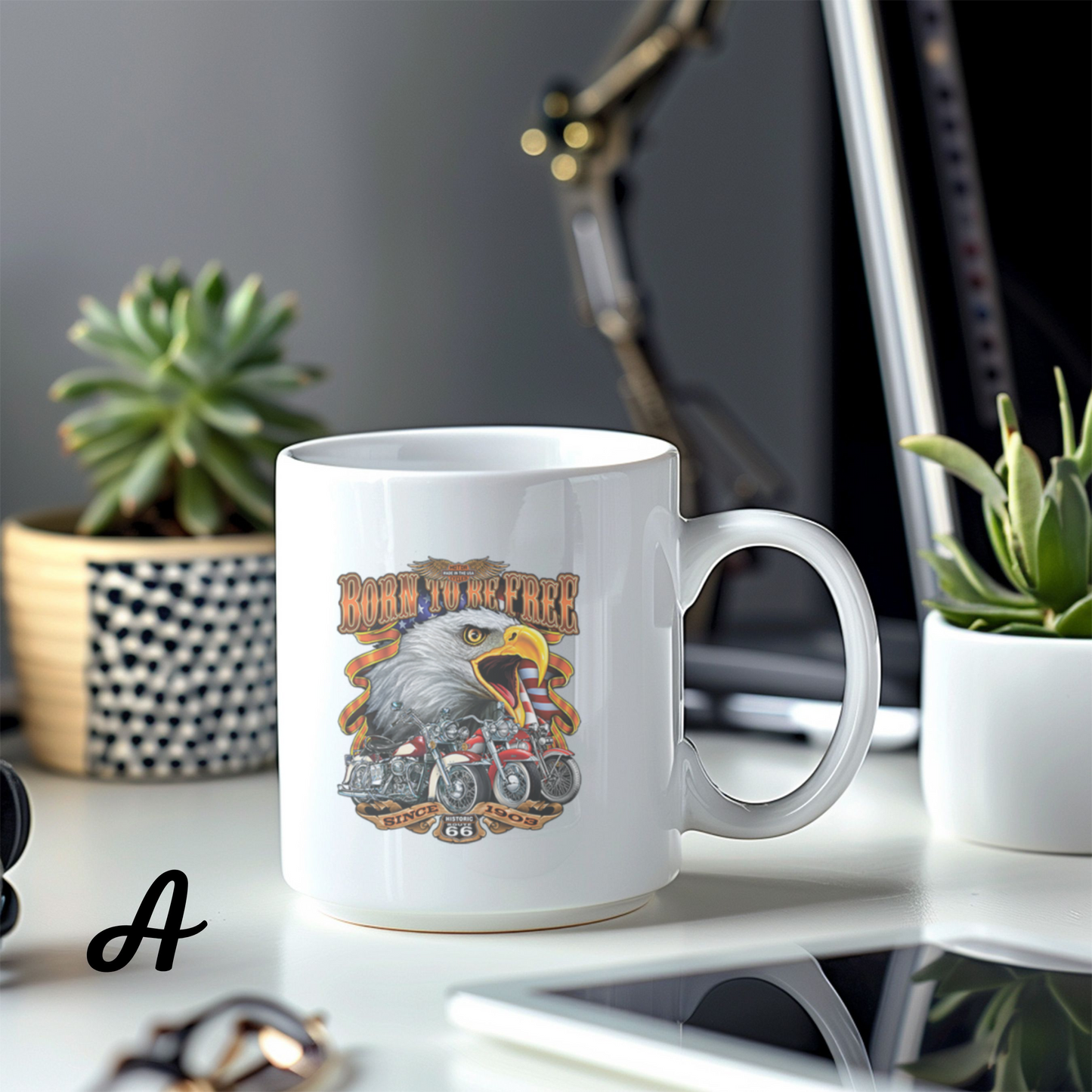 Customized Ceramic Mug, Motorcycle Design Coffee Cup, Gift for Motorcycle Lovers, Freedom Eagle Art, Personalized Drinkware