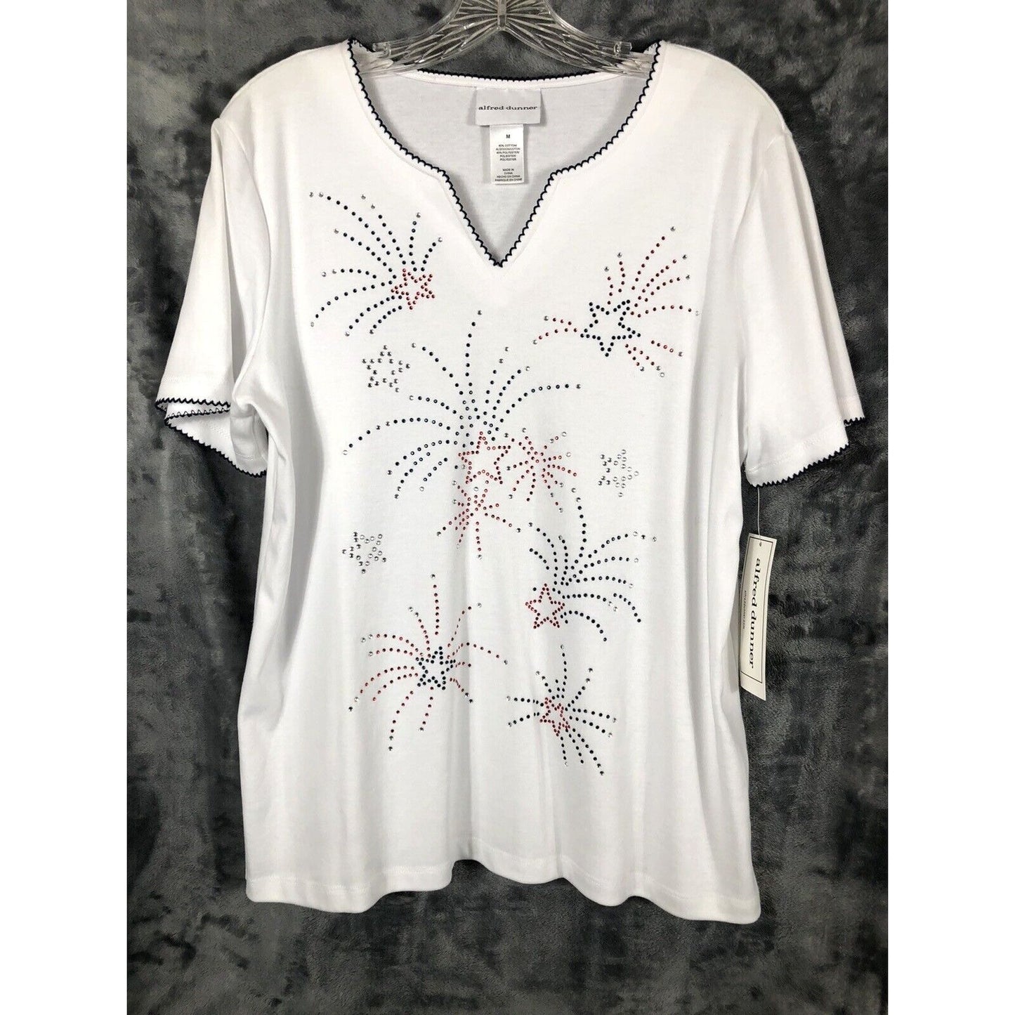 Alfred Dunner Top Woman's Medium Fireworks White Jewel Embellishment Shirt