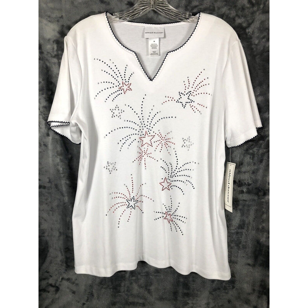 Alfred Dunner Top Woman's Medium Fireworks White Jewel Embellishment Shirt