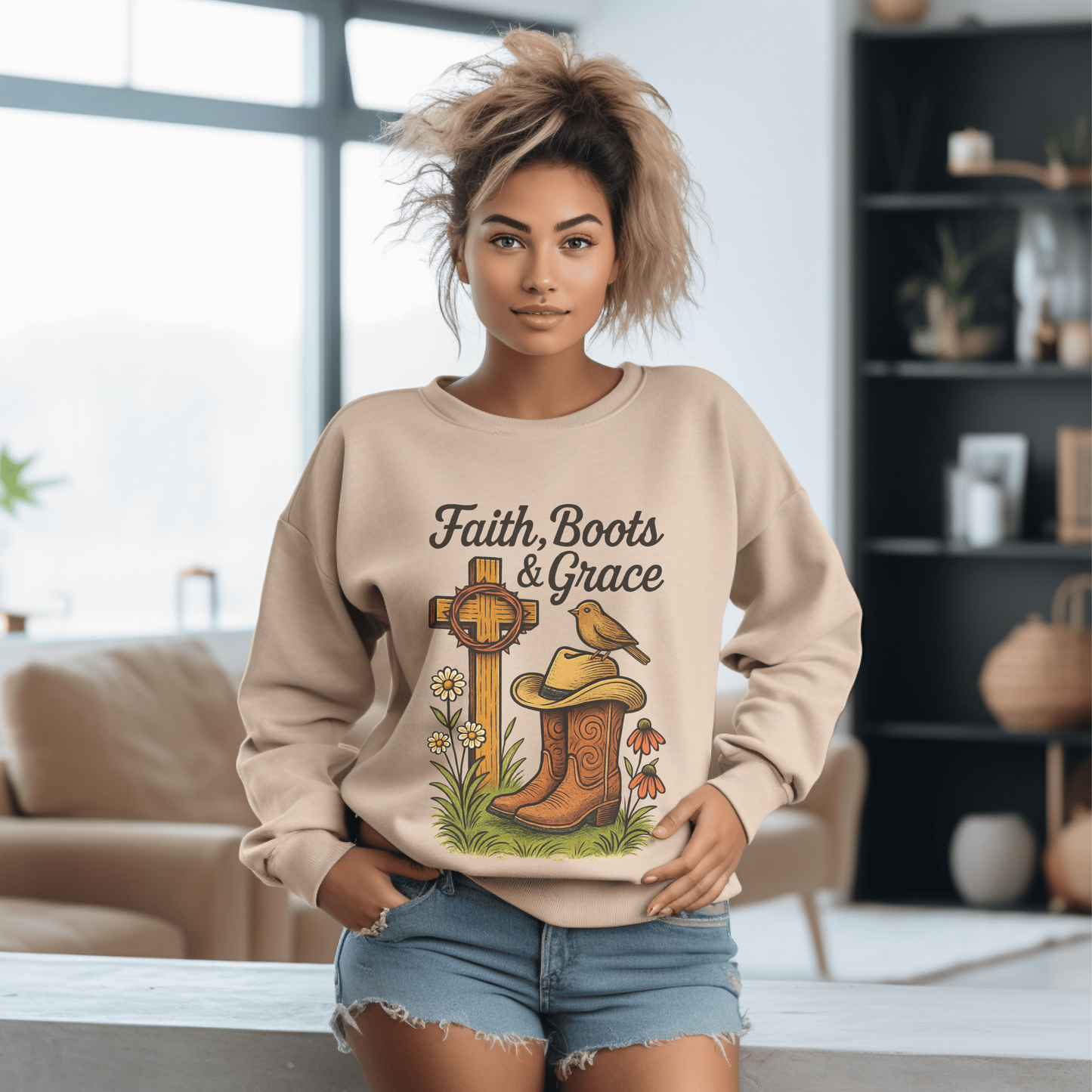Cowboy Boots Cute Bird Artwork Sweatshirt, Western Cross Graphic Top, Vintage Style Pullover