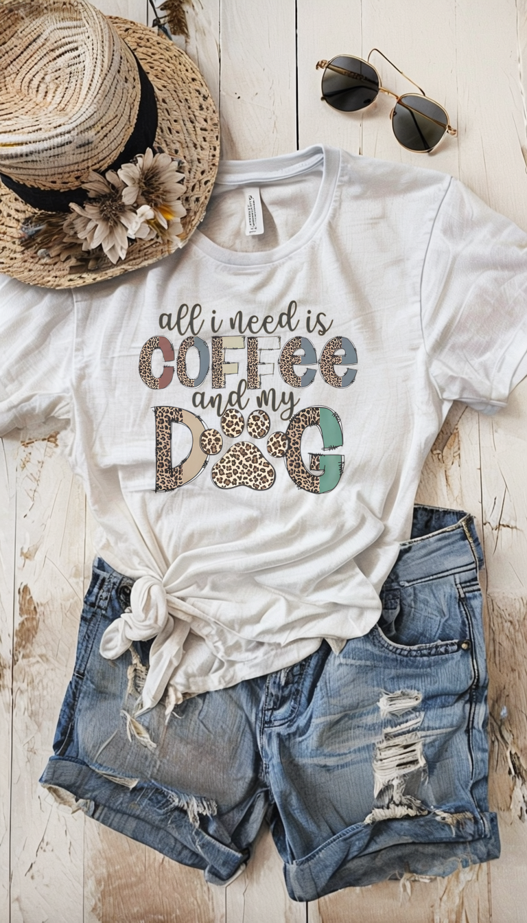 Coffee and Dog Lover Shirt, Leopard Print T-shirt, Casual Summer Tee, All I Need is Coffee Shirt, Dog Paw Print Top, Gift for Dog Moms