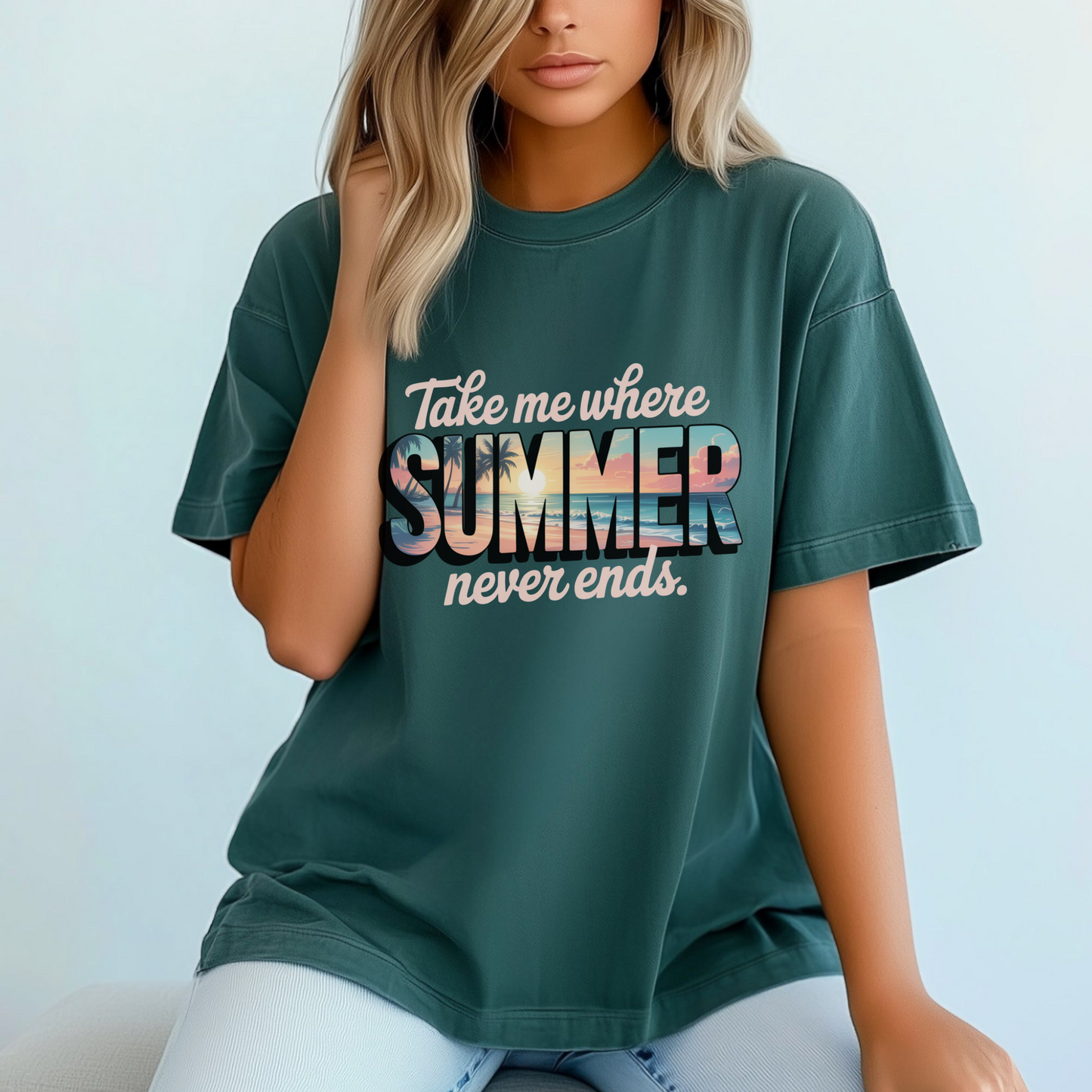 Take Me Where Summer Never Ends T-Shirt, Graphic Tee for Women, Soft Washed Graphic Top, Casual Relaxed Fit Shirt, Summer Beachwear Gift