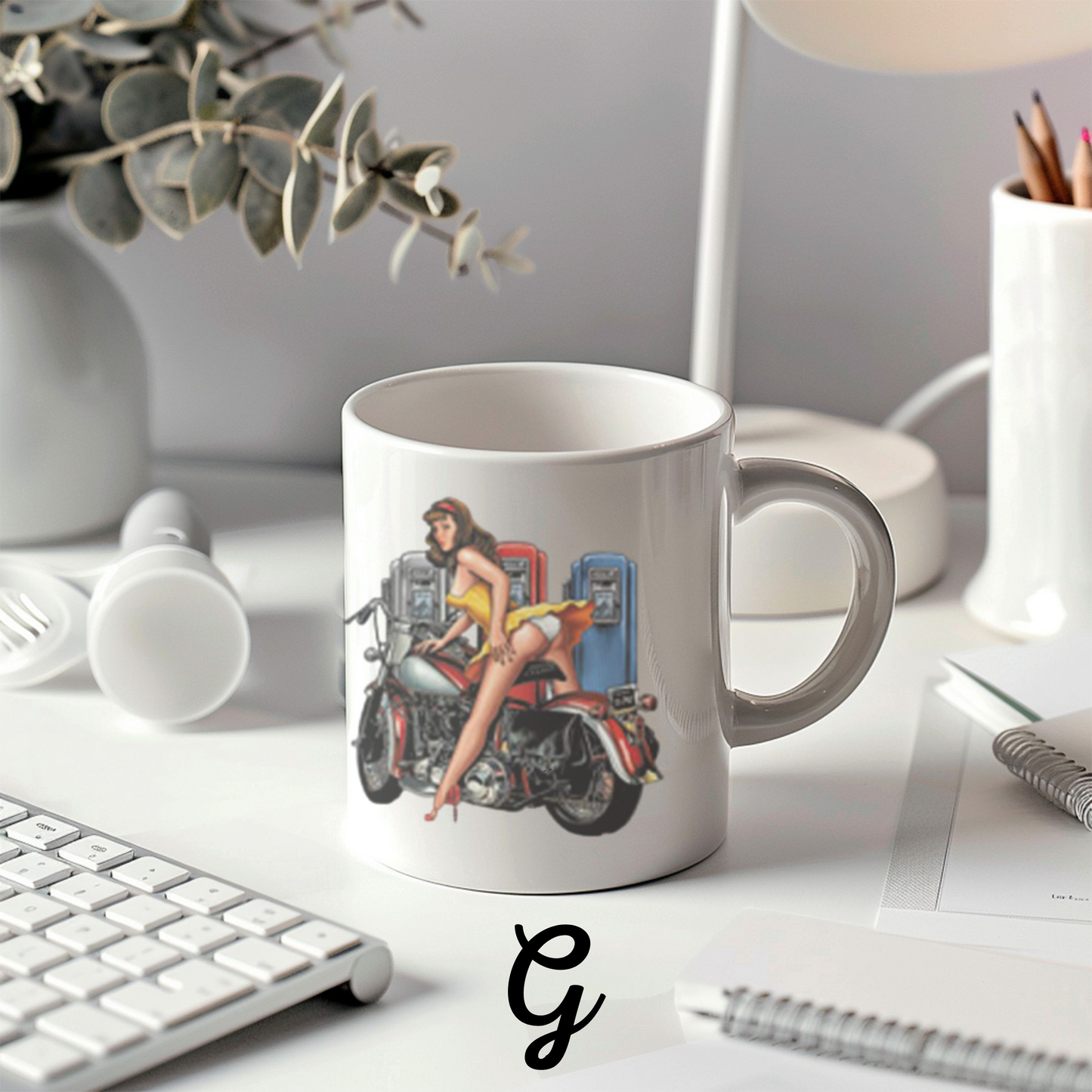 Pin-Up Girl Art Mug, Motorcycle Lover Gift, Retro Style Coffee Mug, Vintage Design Ceramic, 11oz 15oz Personalized Drinkware