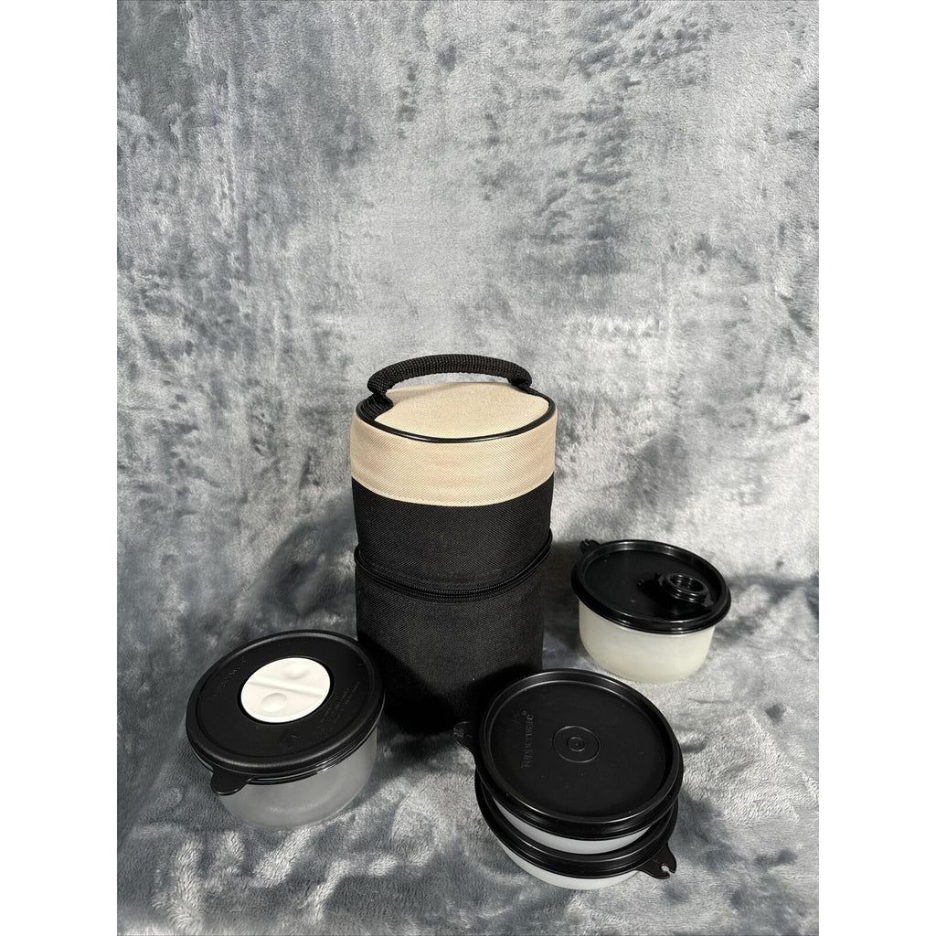 Tupperware Insulated Lunch Bag Zippered Tote Small Cylinder Black & Beige