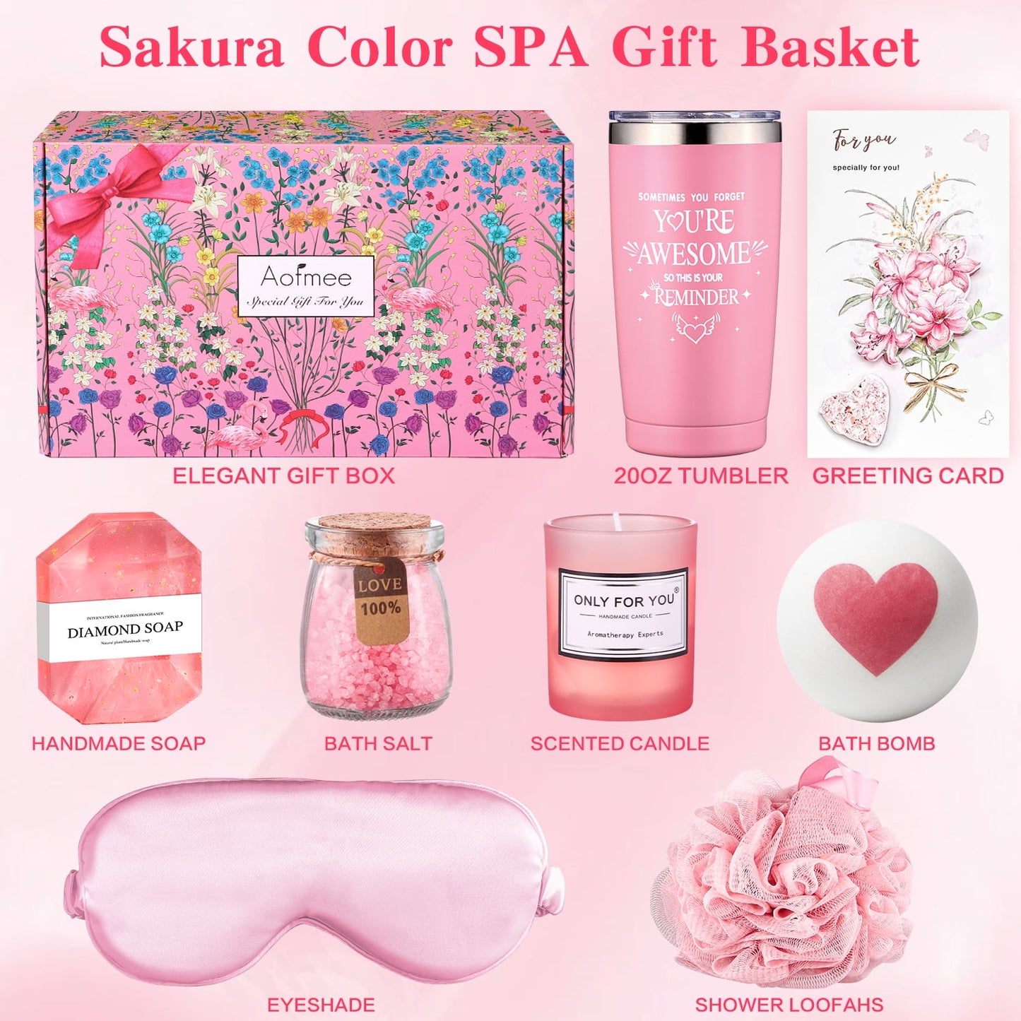 Aofmee Gift Baskets for Women, 8 Pcs Rose Bath and Body Care Set, Beauty Spa Birthday Mother's Day Gifts for Her, Pink