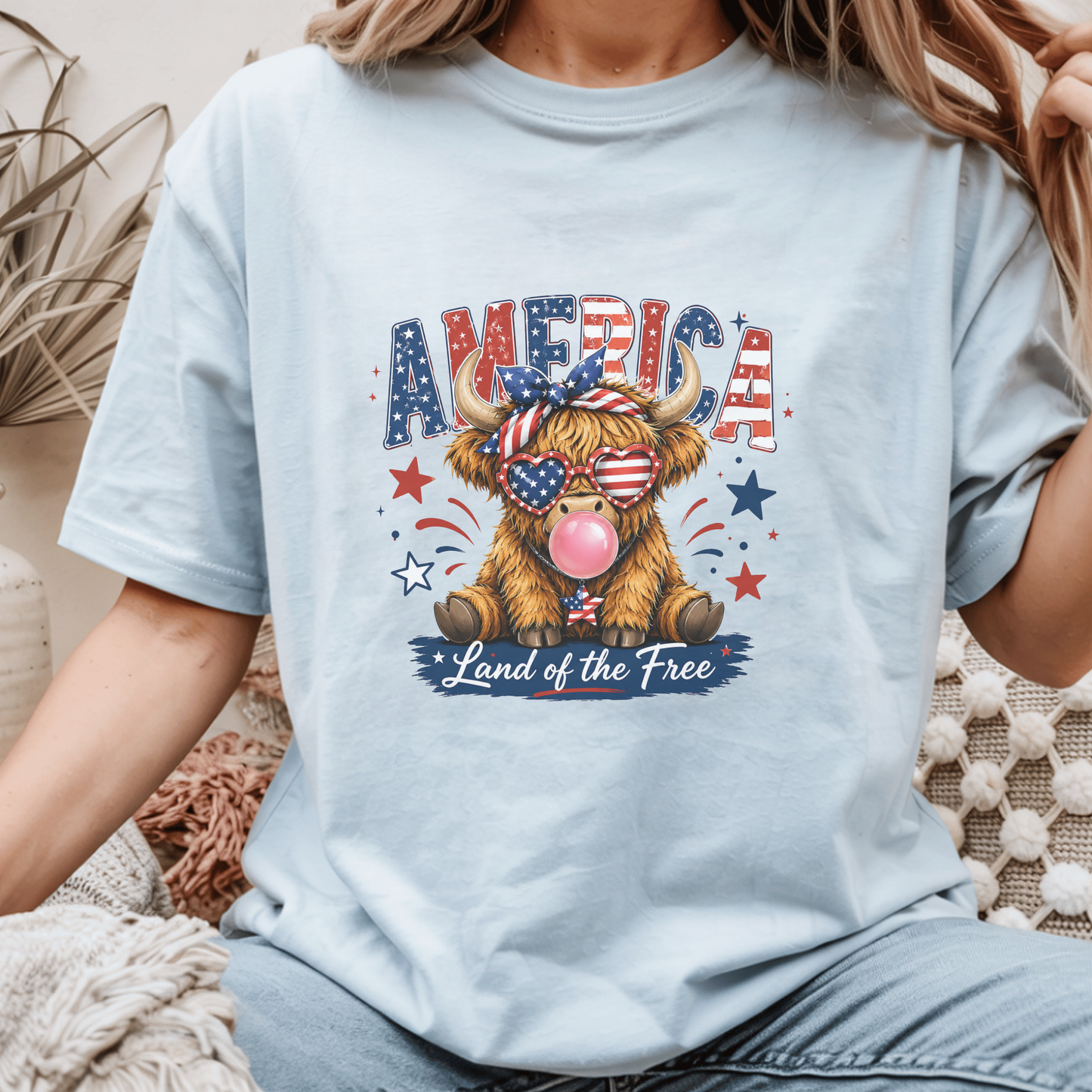 Patriotic Highland Cow Shirt, USA Flag T-Shirt, Land of the Free Tee, 4th of July Gift, Cute Bull Graphic, American Pride Shirt