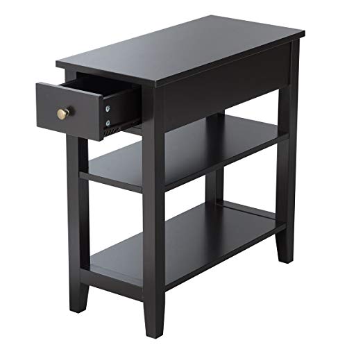 Giantex Narrow End Table Set of 2, Small Side Table with Drawer and Shelf, Wood Accent Sofa Table, Skinny Nightstand for Small Space Living Room Bedroom, Black
