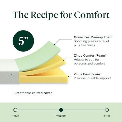 Zinus 5 Inch Twin Green Tea Memory Foam Mattress [New Version], Fiberglass Free, Medium Firm Feel, Zoned Pressure Relief, Certified Safe Foams & Fabric, Mattress in A Box