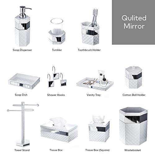Creative Scents White Bathroom Accessories Set - Decorative 6 Piece Bathroom Set Includes: Trash Can, Tissue Box Cover, Soap Dispenser, Toothbrush Holder, Tumbler & Soap Dish (Quilted Mirror)