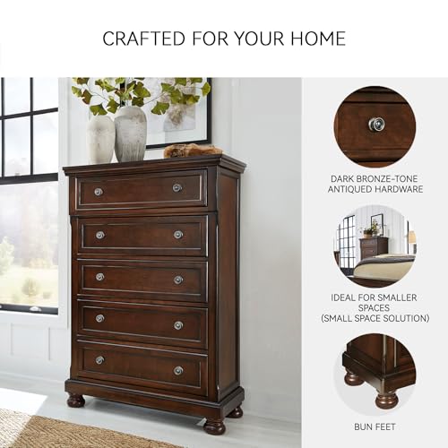 Signature Design by Ashley Porter Traditional 5 Drawer Chest of Drawers, Dark Brown