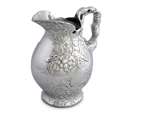 Arthur Court Metal Vineyard Pitcher Grape Pattern Sand Casted in Aluminum with Artisan Quality Hand Polished Design Tarnish Free Water Jug for Hot / Cold Water, Ice Tea and Juice Beverage 10 inch Tall