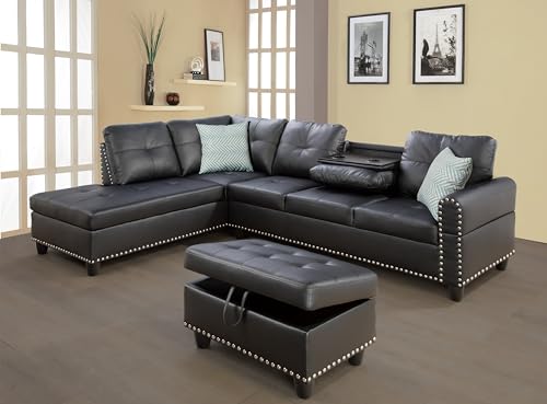 MMTGO 98" L-Shape Faux Leather Modular, Cup Holders and Storage, 4-Seater Upholstered Tufting Corner Couch for Apartment, Home Furniture, Living Room, Sectional Sofa Set w/Ottoman