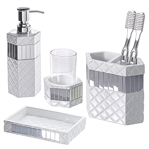 Creative Scents White Bathroom Accessories Set - Decorative 6 Piece Bathroom Set Includes: Trash Can, Tissue Box Cover, Soap Dispenser, Toothbrush Holder, Tumbler & Soap Dish (Quilted Mirror)