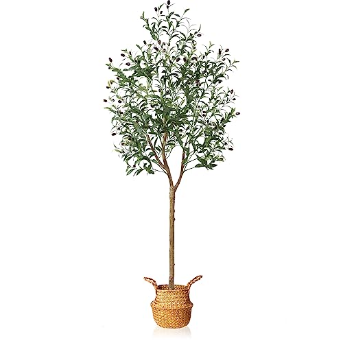 MOSADE Artificial Olive Tree 6 Feet Fake Olive Silk Plant and Handmade Seagrass Basket, Perfect Tall Faux Topiary Silk Tree for Indoor Entryway Modern Decor Home Office Porch Balcony Gift,1Pack