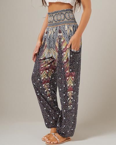 QIANXIZHAN Women's Harem Pants, High Waist Yoga Boho Trousers with Pockets Black Flower M