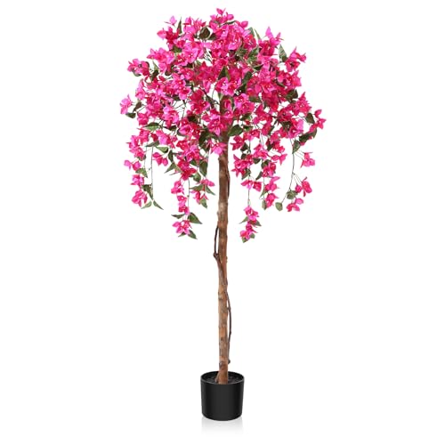 Laiwot 5FT Artificial Tree Tall Potted Fake Bougainvillea Trees for Outdoor Indoor Office Wedding Home Decor Lifelike Faux Plants with Wood Trunk and Pink Flowers