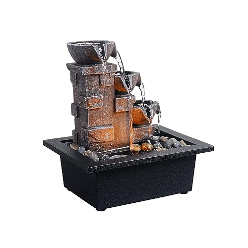 GOSSI Home Décor Imitation 3-Tier Stone Wall Tabletop Fountain Many Natural River Rock Office Relaxing Desktop Zen Waterfall Meditation Tabletop Fountain LED Lights Fountain Christmas Decorations
