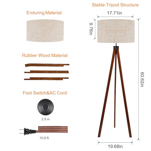 LEPOWER Wood Tripod Floor Lamp, Mid Century Standing Lamp, Modern Design Studying Light for Living Room, Bedroom, Study Room and Office, Flaxen Lamp Shade with E26 Lamp Base