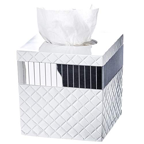 Creative Scents White Bathroom Accessories Set - Decorative 6 Piece Bathroom Set Includes: Trash Can, Tissue Box Cover, Soap Dispenser, Toothbrush Holder, Tumbler & Soap Dish (Quilted Mirror)