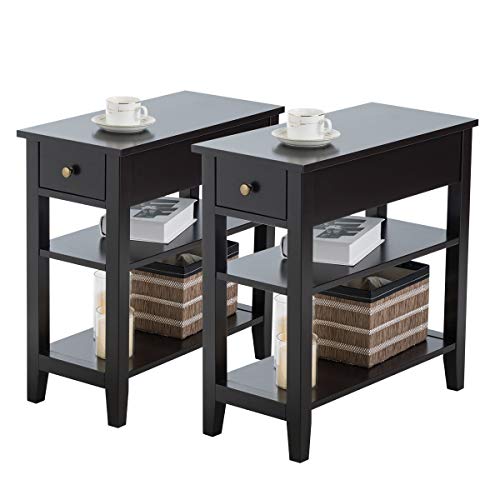 Giantex Narrow End Table Set of 2, Small Side Table with Drawer and Shelf, Wood Accent Sofa Table, Skinny Nightstand for Small Space Living Room Bedroom, Black