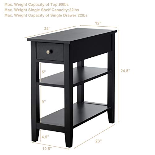 Giantex Narrow End Table Set of 2, Small Side Table with Drawer and Shelf, Wood Accent Sofa Table, Skinny Nightstand for Small Space Living Room Bedroom, Black