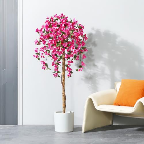 Laiwot 5FT Artificial Tree Tall Potted Fake Bougainvillea Trees for Outdoor Indoor Office Wedding Home Decor Lifelike Faux Plants with Wood Trunk and Pink Flowers