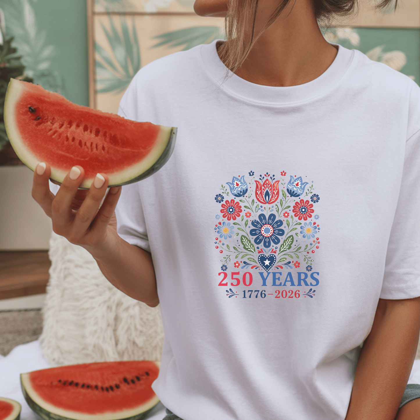 250 Years Commemorative T-Shirt, Patriotic Floral Design Tee, Anniversary Celebration Gift, Heritage Art Shirt, Customizable Apparel