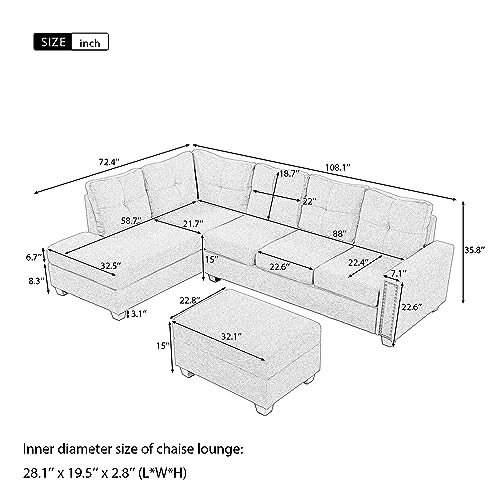 UBGO Sectional, L Shape Modular Storage Ottoman & Chaise, Comfy Oversized Corner Sofa Cup Holder,Fabric Living Room Furniture Couch Sets, Gray Linen