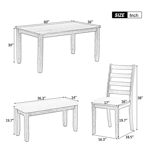 BIADNBZ Rustic 6-Piece Dining Table Set with 4 Ergonomic Designed Upholstered Chairs and Bench for Home, Apartment, DiningRoom, Dinette, Solid Wood Kitchen Furniture, 60 inch, Brown + Whitewash