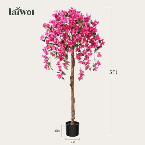 Laiwot 5FT Artificial Tree Tall Potted Fake Bougainvillea Trees for Outdoor Indoor Office Wedding Home Decor Lifelike Faux Plants with Wood Trunk and Pink Flowers