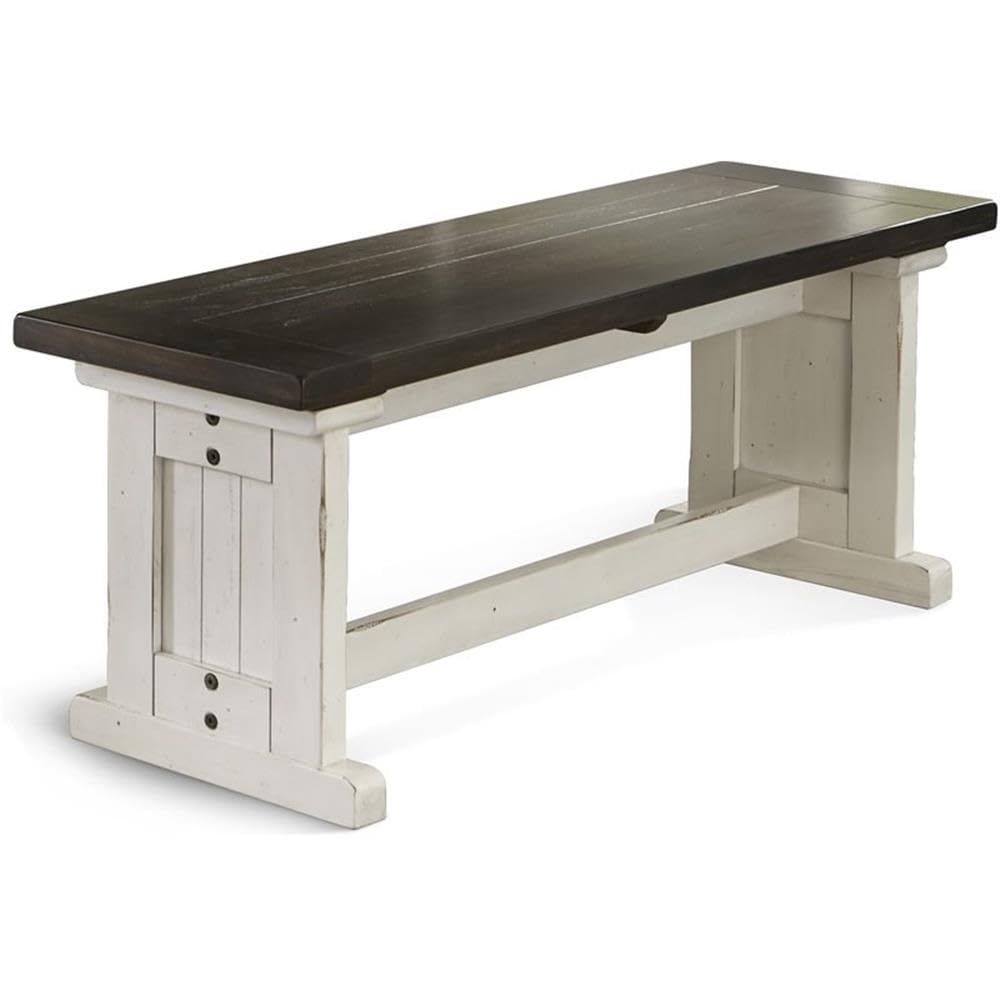 Pemberly Row Farmhouse Wood Side Bench in Off White Dark Brown, Solid Wood, Sturdy and Durable, Kitchen or Dining Seating, Farmhouse Style, Rustic Design
