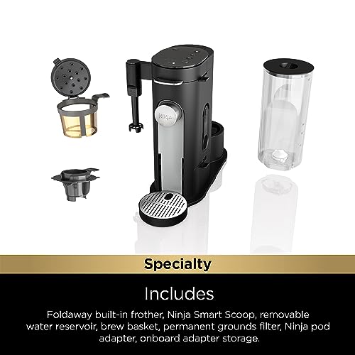 Ninja PB051 Pod & Grounds Specialty Single-Serve Coffee Maker, K-Cup Pod Compatible, Brews Grounds, Compact Design, Built-In Milk Frother, 56-oz. Reservoir, 6-oz. Cup to 24-oz. Mug Sizes, Black