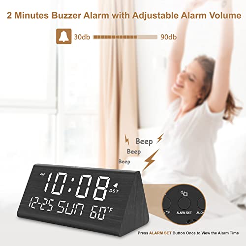 DreamSky Digital Alarm Clocks for Bedrooms - Wooden Electric Clock with USB Ports, Date, Weekday, Temperature, 0-100% Brightness Dimmer, Adjustable Alarm Volume, Snooze, Auto DST