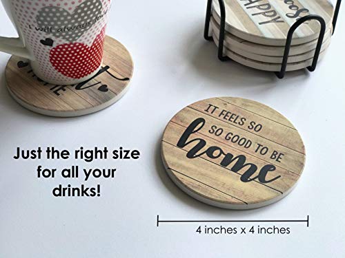PANCHH Rustic Farmhouse Stone & Cork Coasters for Drinks, Absorbent - Set of 6 Coasters with Holder - Best Housewarming Gifts for New Home Ideas - Cute Kitchen and Coffee Table Décor & Accessories