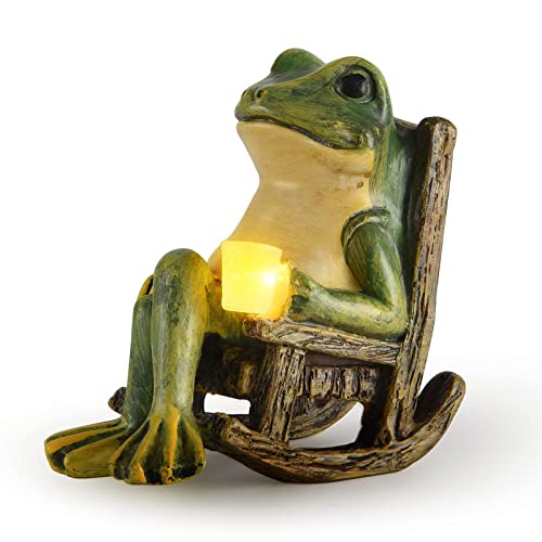 FOXMIS Miniature Frog Garden Statue Mothers Day Mom Gifts Fairy Garden Accessories Outdoor Figurine Lights Solar Garden Frog Decor Art Housewarming Gift for Patio,Yard,Lawn Ornament,3.89