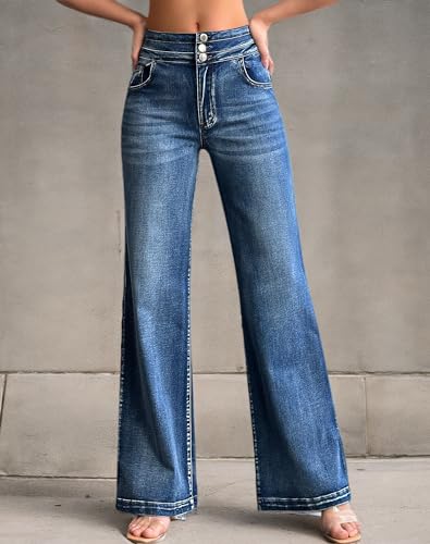 roswear Women’s Wide Leg Jeans Casual High Waisted Stretch Baggy Loose Denim Pants 104 Blue Large