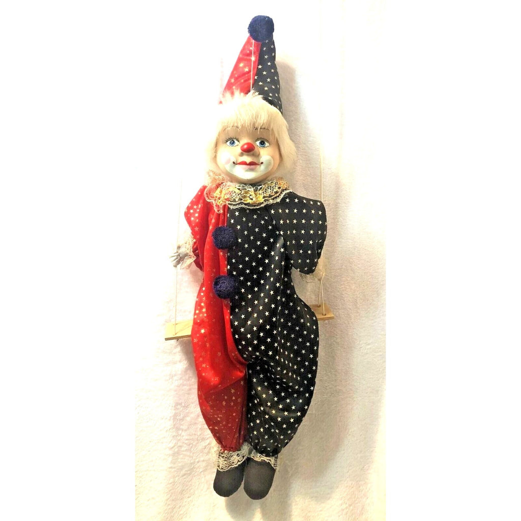 Vintage Circus Clown Kid Doll Porcelain Head String Marionette Puppet on Swing