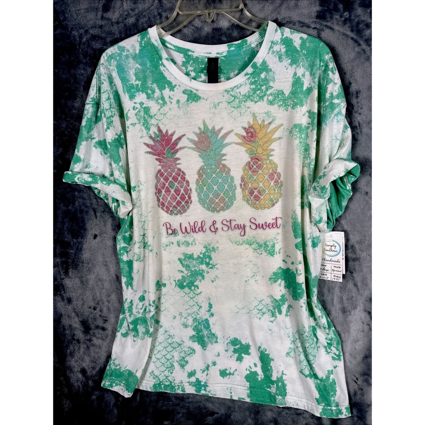 Be Wild & Stay Sweet Woman’s Summer T Shirt Tie Dye Mermaid, Pineapple, Theme XL