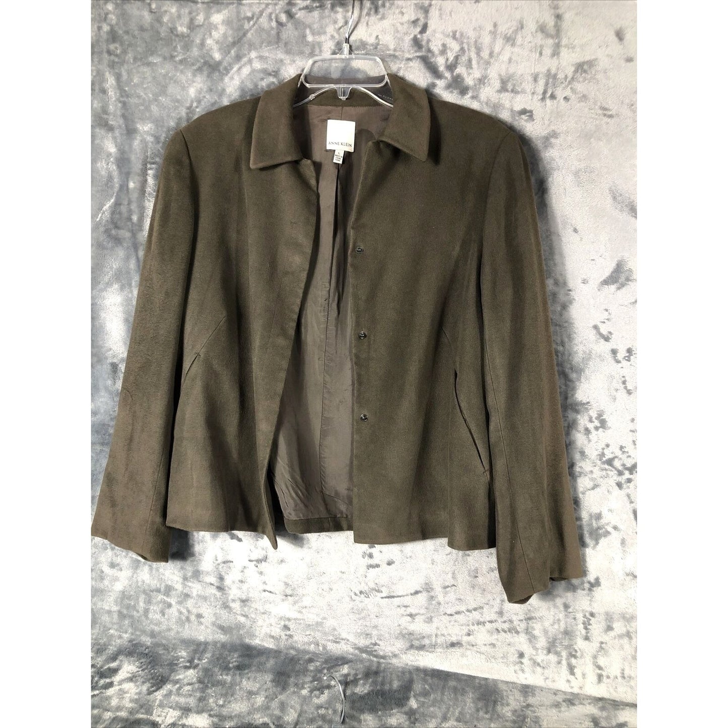 Anne Klein Women’s Jacket Neiman Marcus Suede Olive Green Moto Large Snap Front