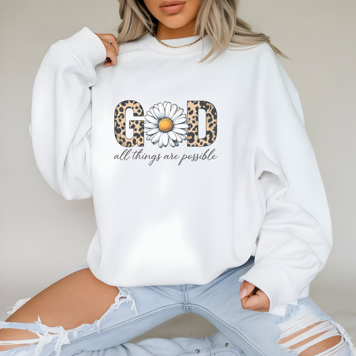Leopard Print Daisy Sweatshirt, Inspirational Crewneck, Unisex Pullover, Chic Fall Fashion, Custom Apparel Gift, Graphic Print Top