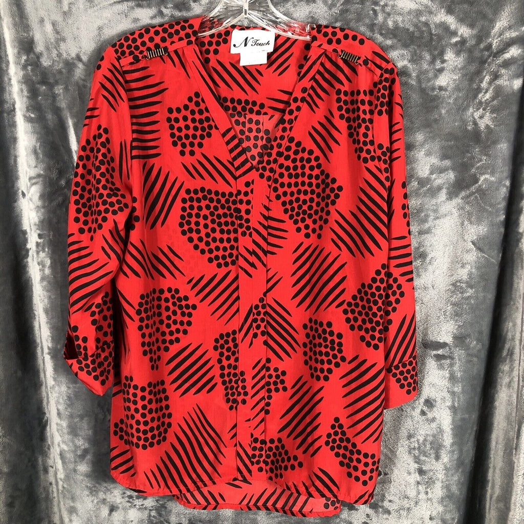 N Touch Ladies Blouse  Red Top Size Medium  Bronze Shoulder Details