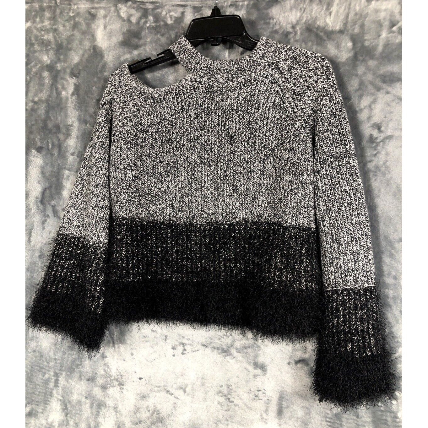 1. State Ladies Black and White Sweater Fuzzy Trim Sleeves and Waist Size Small