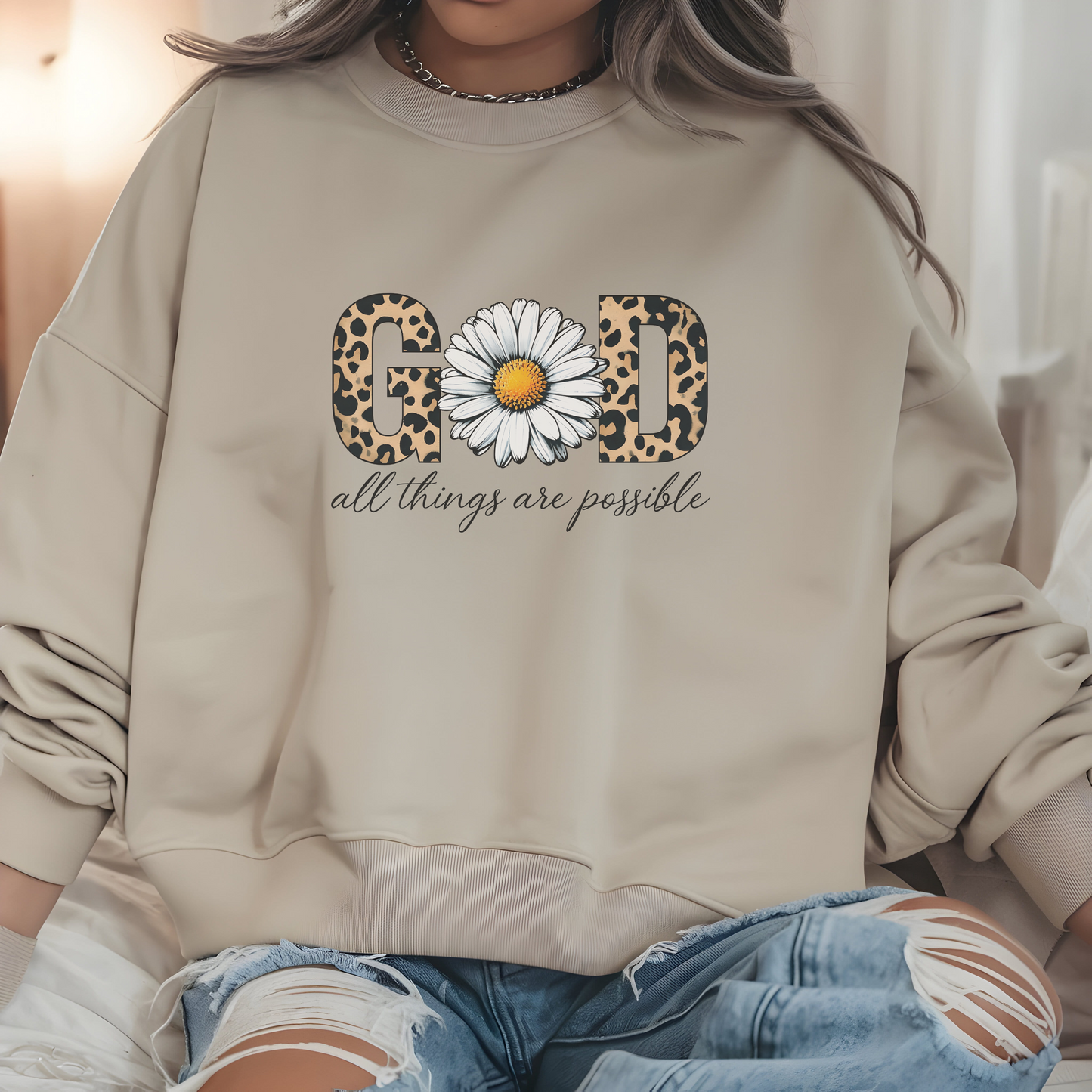 Leopard Print Daisy Sweatshirt, Inspirational Crewneck, Unisex Pullover, Chic Fall Fashion, Custom Apparel Gift, Graphic Print Top