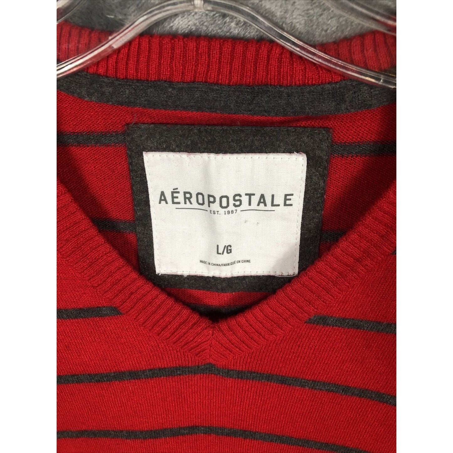 Aeropostale Sweater Men’s Adult Large Red And Gray Striped V-Neck Pullover A87