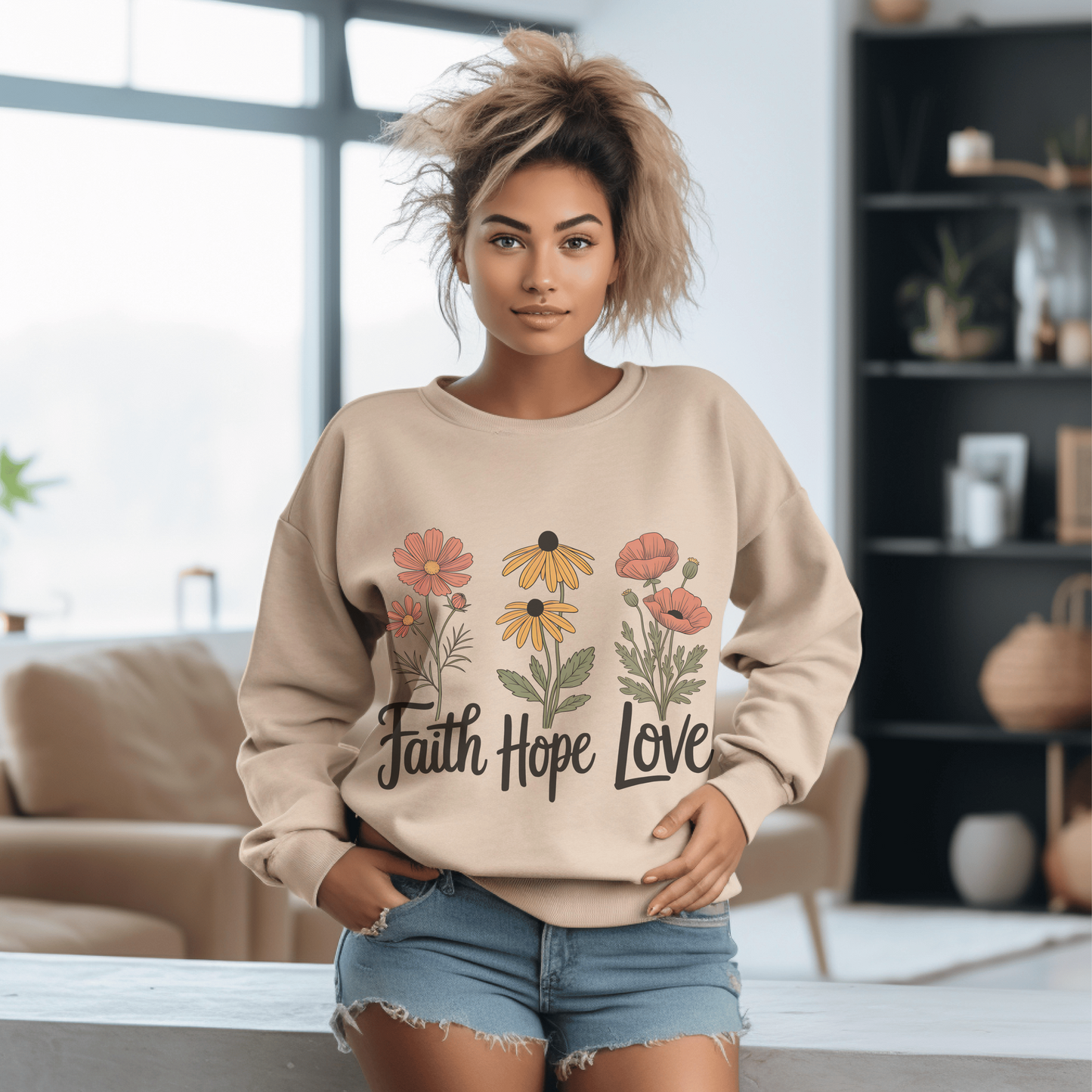Floral Sweatshirt Gift, Faith Hope Love Design, Cozy Cotton Blend Top, Botanical Print Crewneck, Customizable Apparel, Women Men