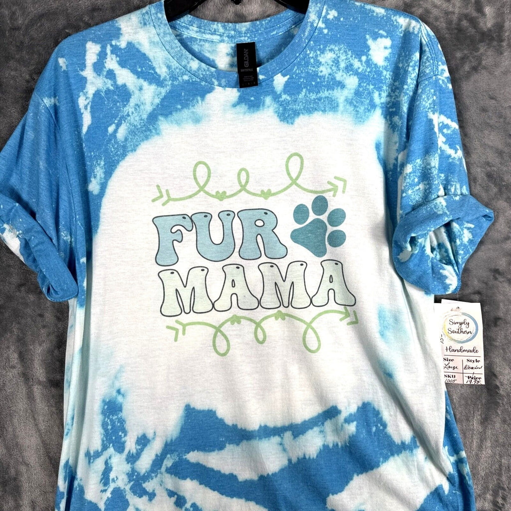 Women’s Dog Mom T Shirt “Fur Mama” Dog Lovers Blue Tye Dyed Shirt Adult Large