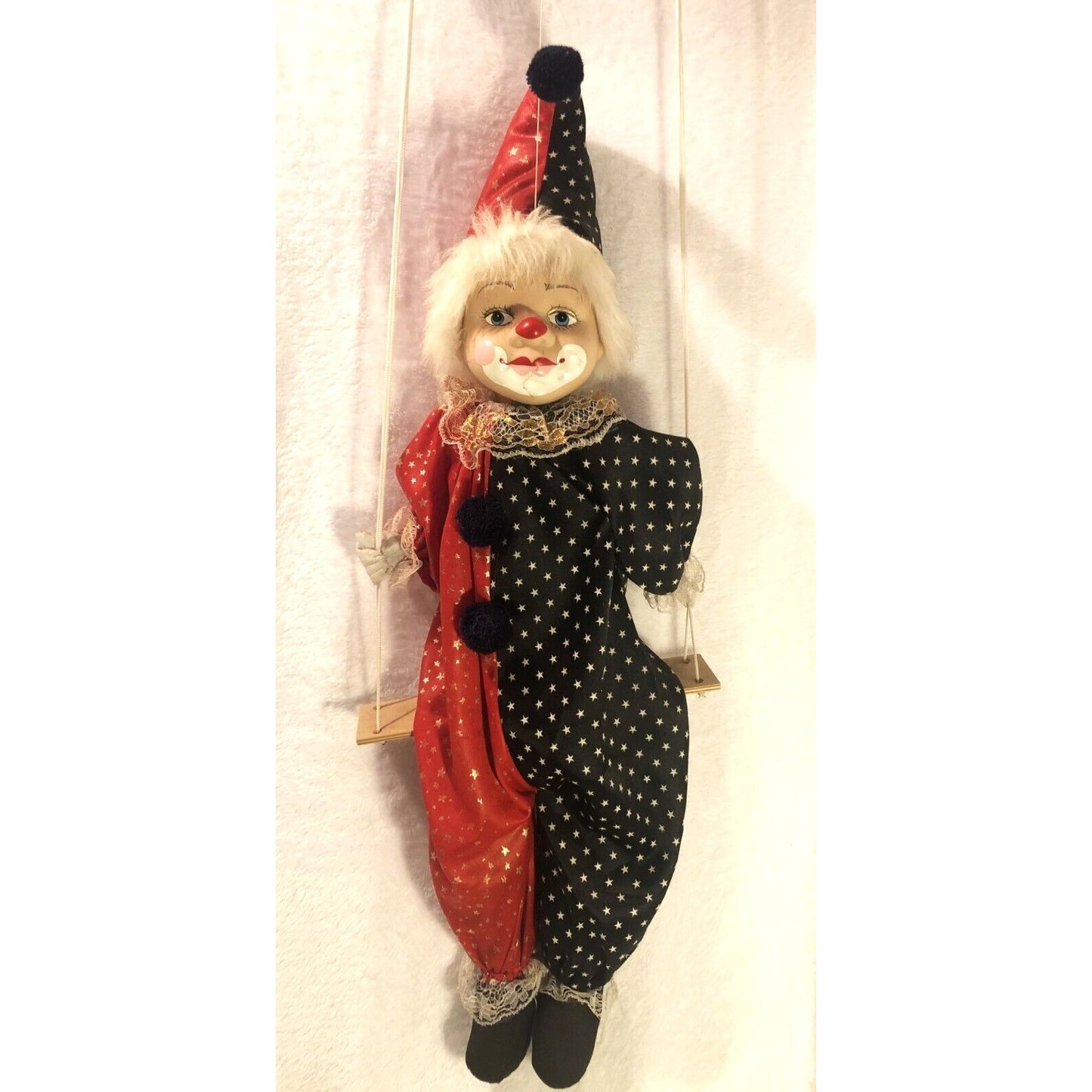 Vintage Circus Clown Kid Doll Porcelain Head String Marionette Puppet on Swing