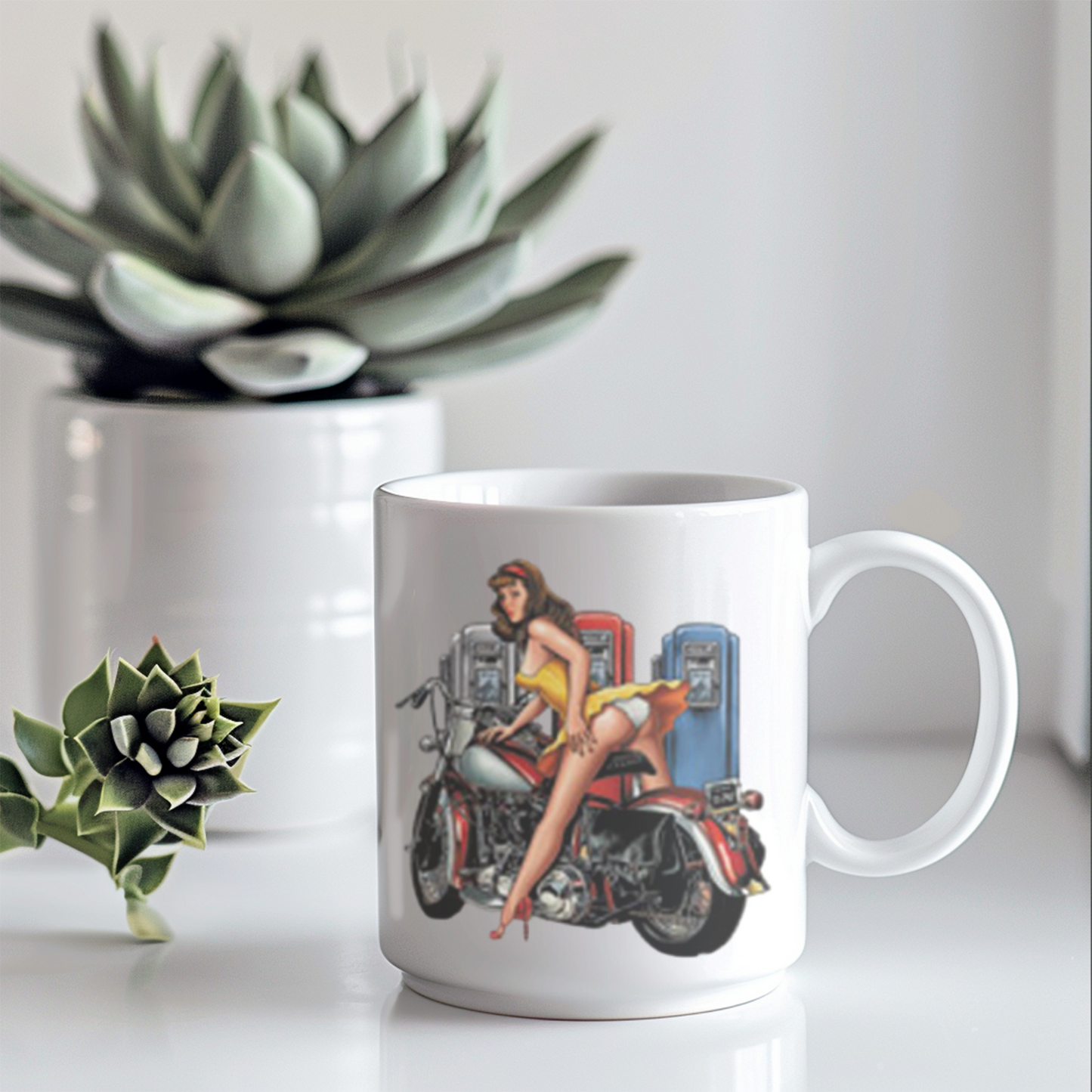 Pin-Up Girl Art Mug, Motorcycle Lover Gift, Retro Style Coffee Mug, Vintage Design Ceramic, 11oz 15oz Personalized Drinkware