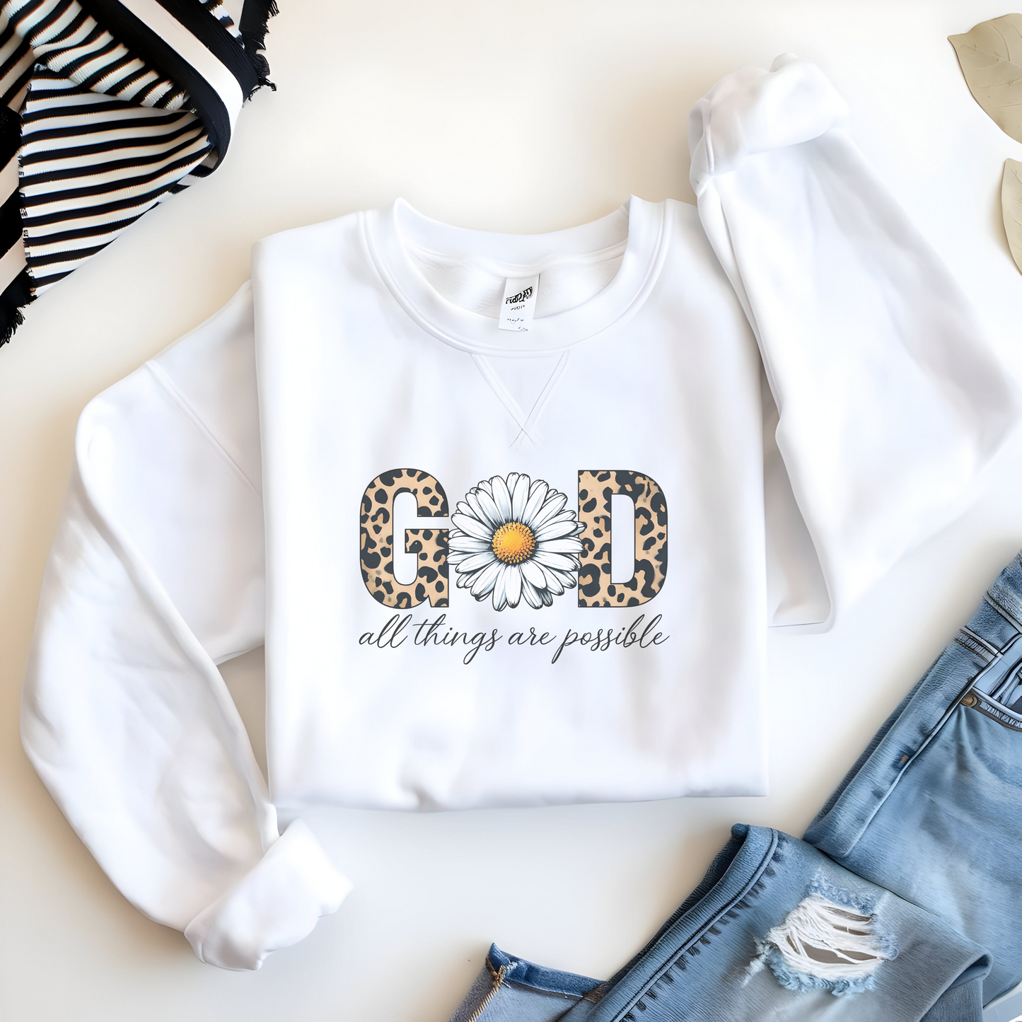 Leopard Print Daisy Sweatshirt, Inspirational Crewneck, Unisex Pullover, Chic Fall Fashion, Custom Apparel Gift, Graphic Print Top